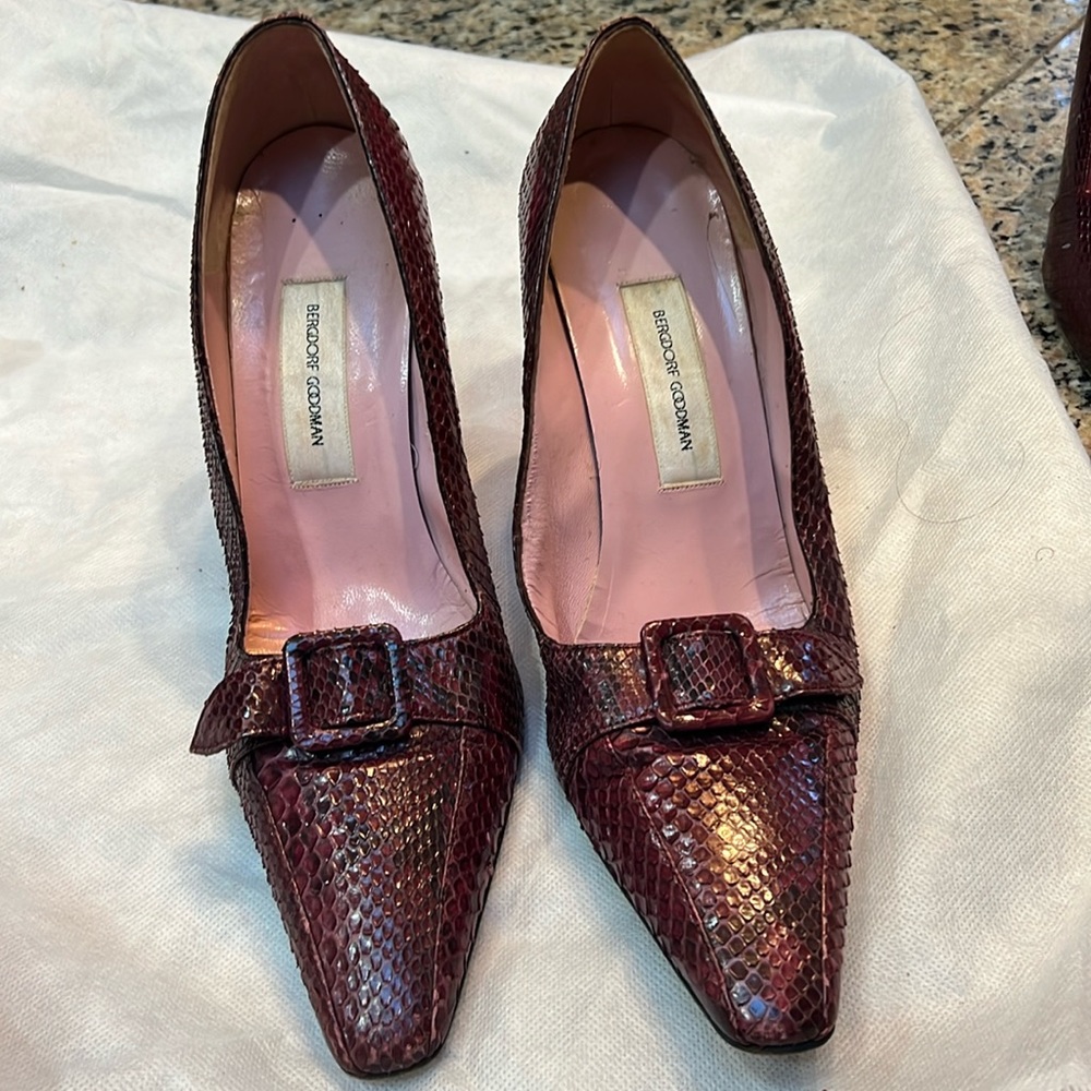 Burgundy “snake skin” heeled shoes with buckle - Bergdorf Goodman